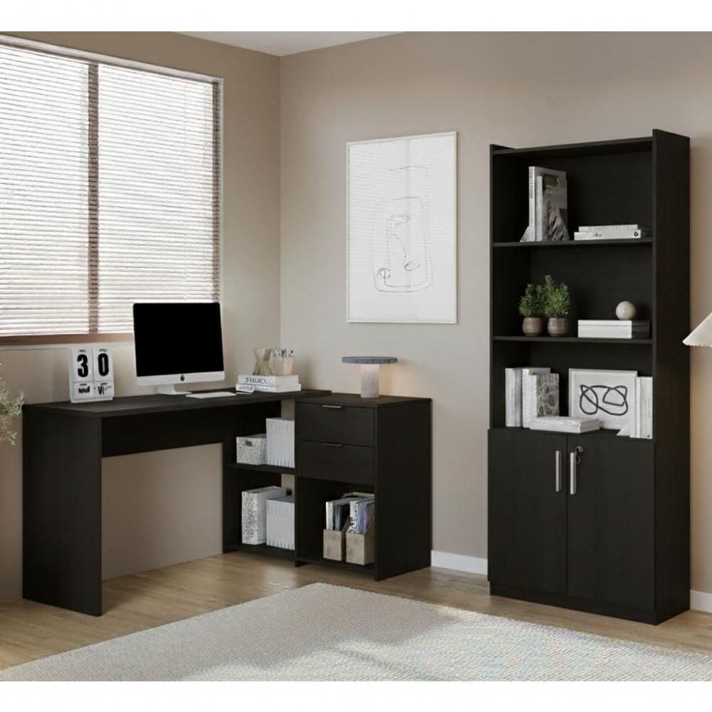Conjunto Para Escritorio Com Mesa Em L Nt2060 E Armário Multiuso Preto Notável Móveis