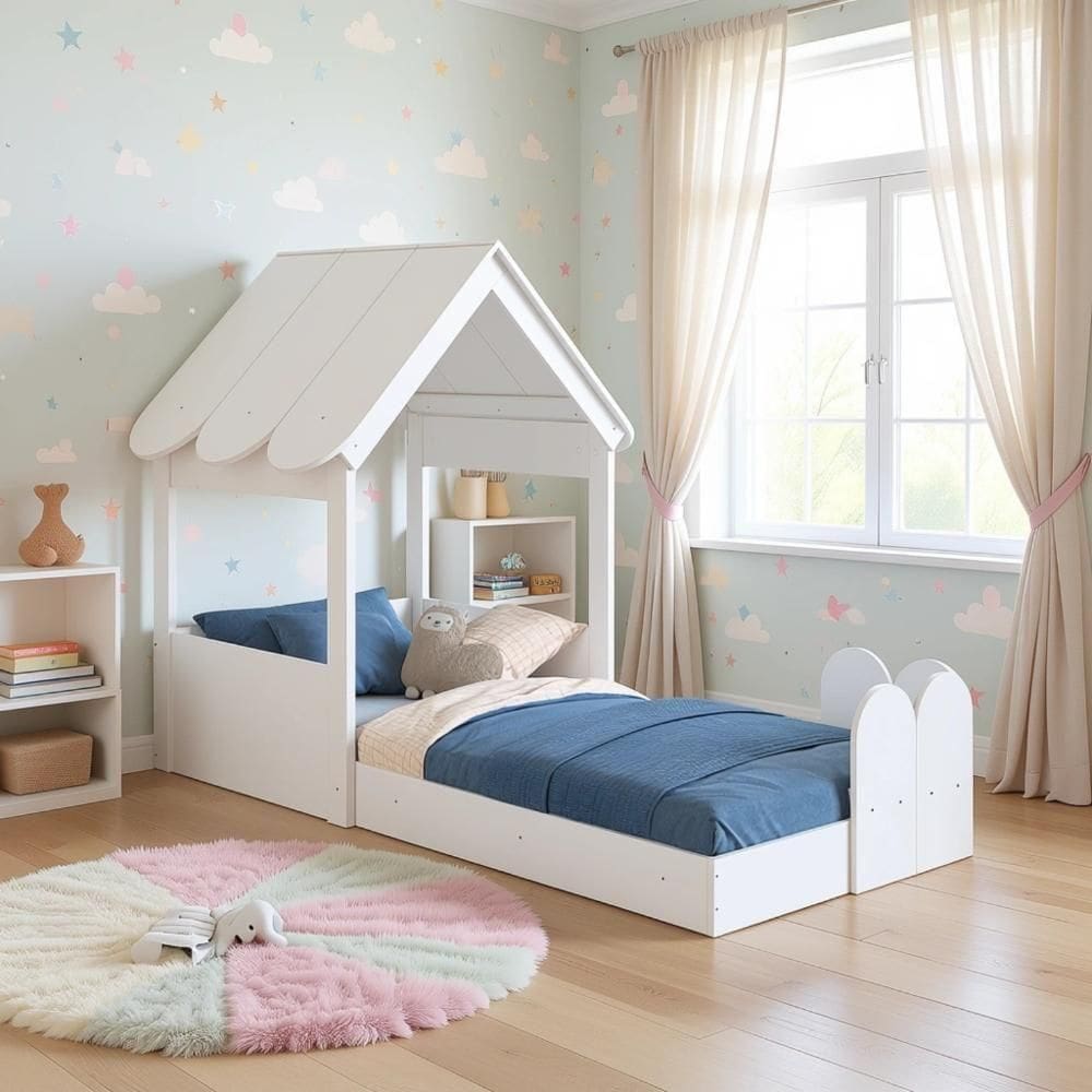 Cama Montessoriana Infantil Casinha Com Telhado E Cercadinho Branco
