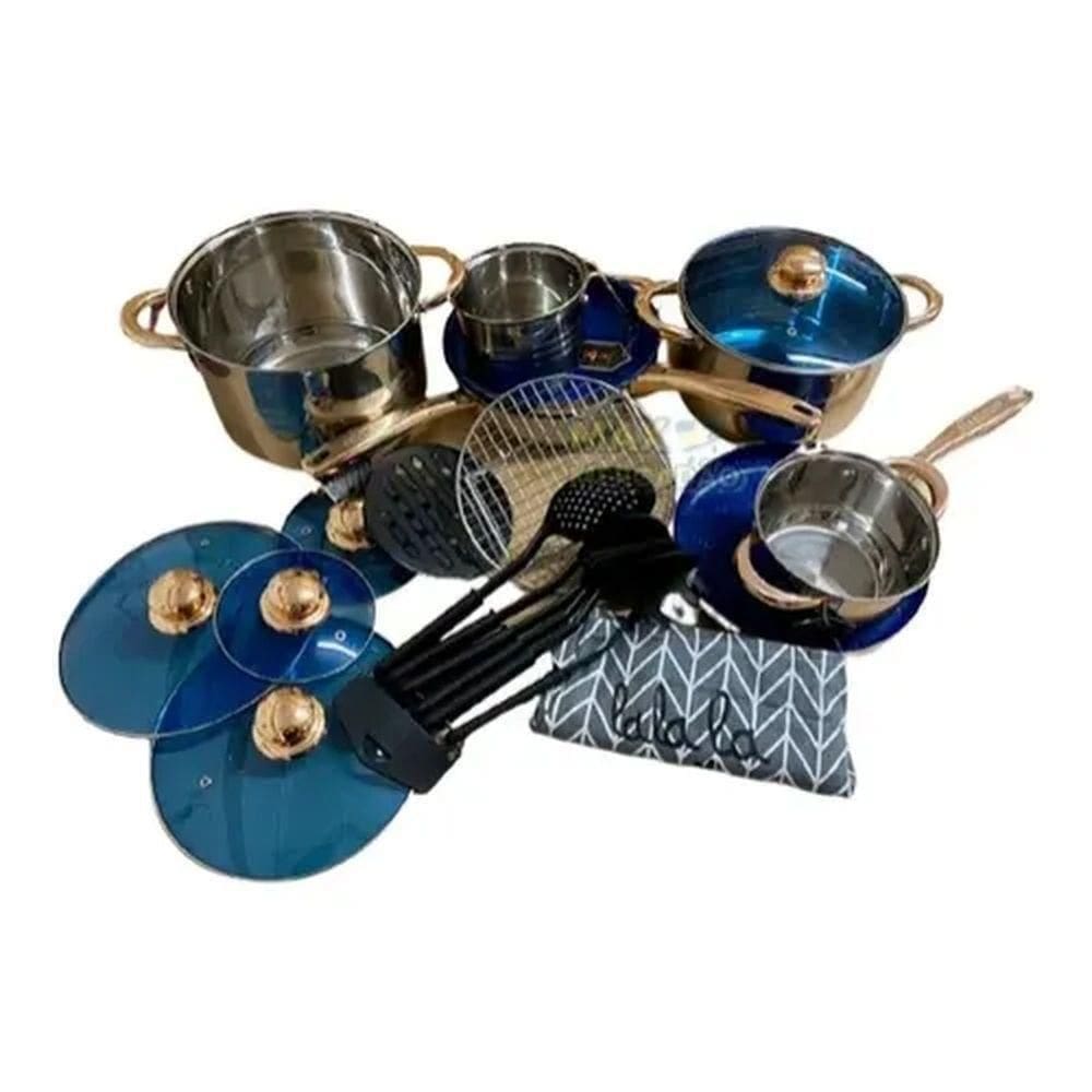 Jogo Panelas Alemã Aço Cirúrgico 23 Peças Azul Alta