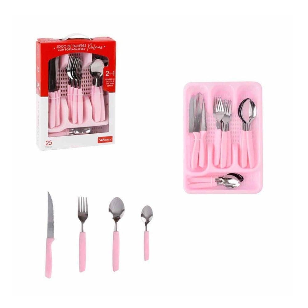 Conjunto De Talheres Palmas 25 Peças Com Organizador - Rosa
