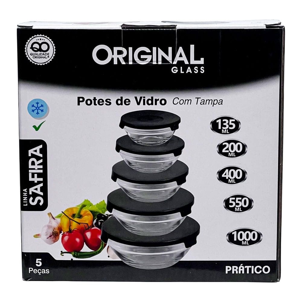 Conjunto De 5 Potes De Vidro Com Tampa Multiuso