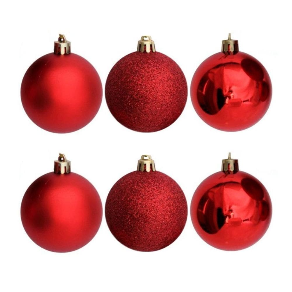 Conjunto 6 Bolas de Natal Vermelho Prime Texturas Mistas 5cm Glitter, Brilho e Fosca