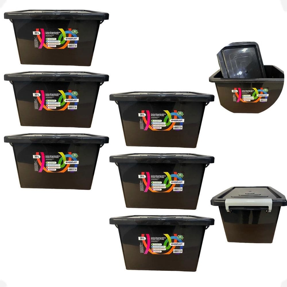 6 Caixa Organizadora Multiuso Preta Com Trava Prata 20 Lts