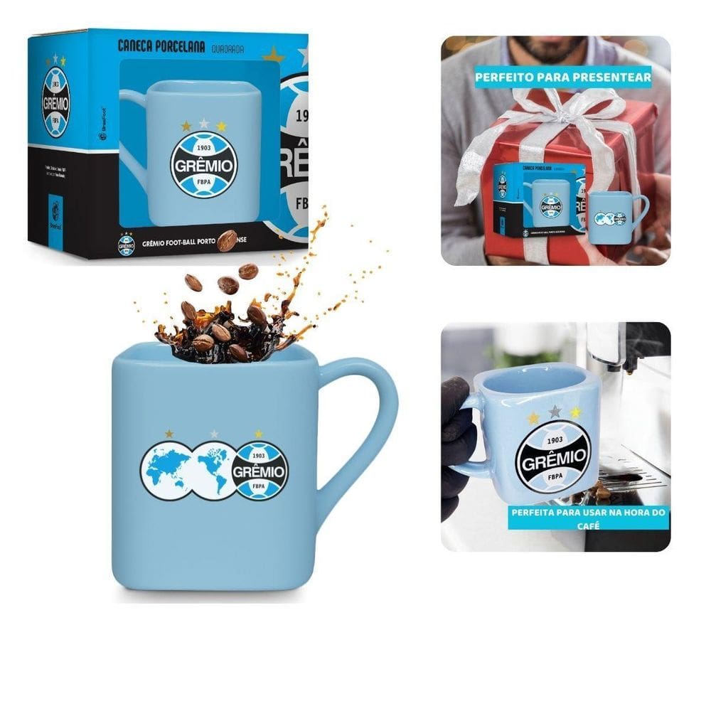 Caneca Porcelana Xícara Quadrada 220Ml Azul Café Chá Grêmio
