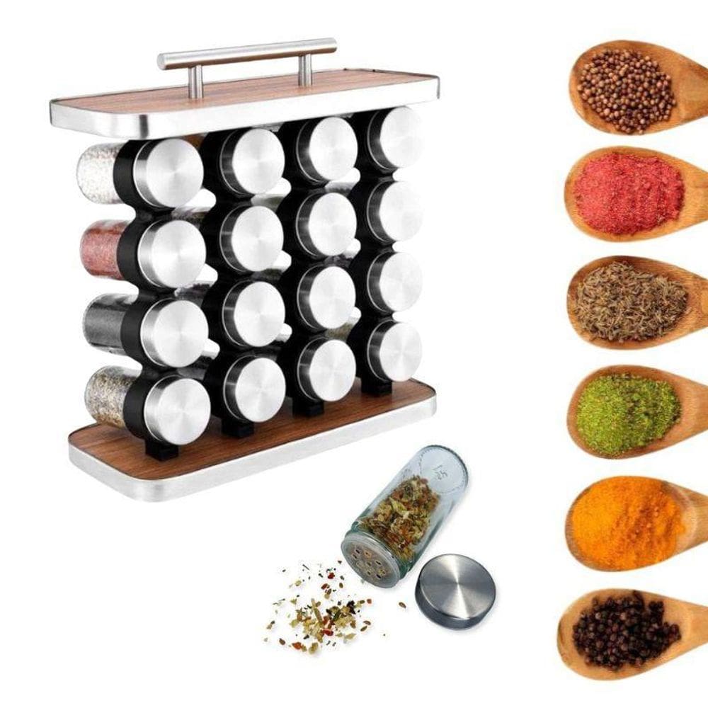 Porta Temperos Aço Inox E Madeira Com 16 Potes De Vidro 80Ml