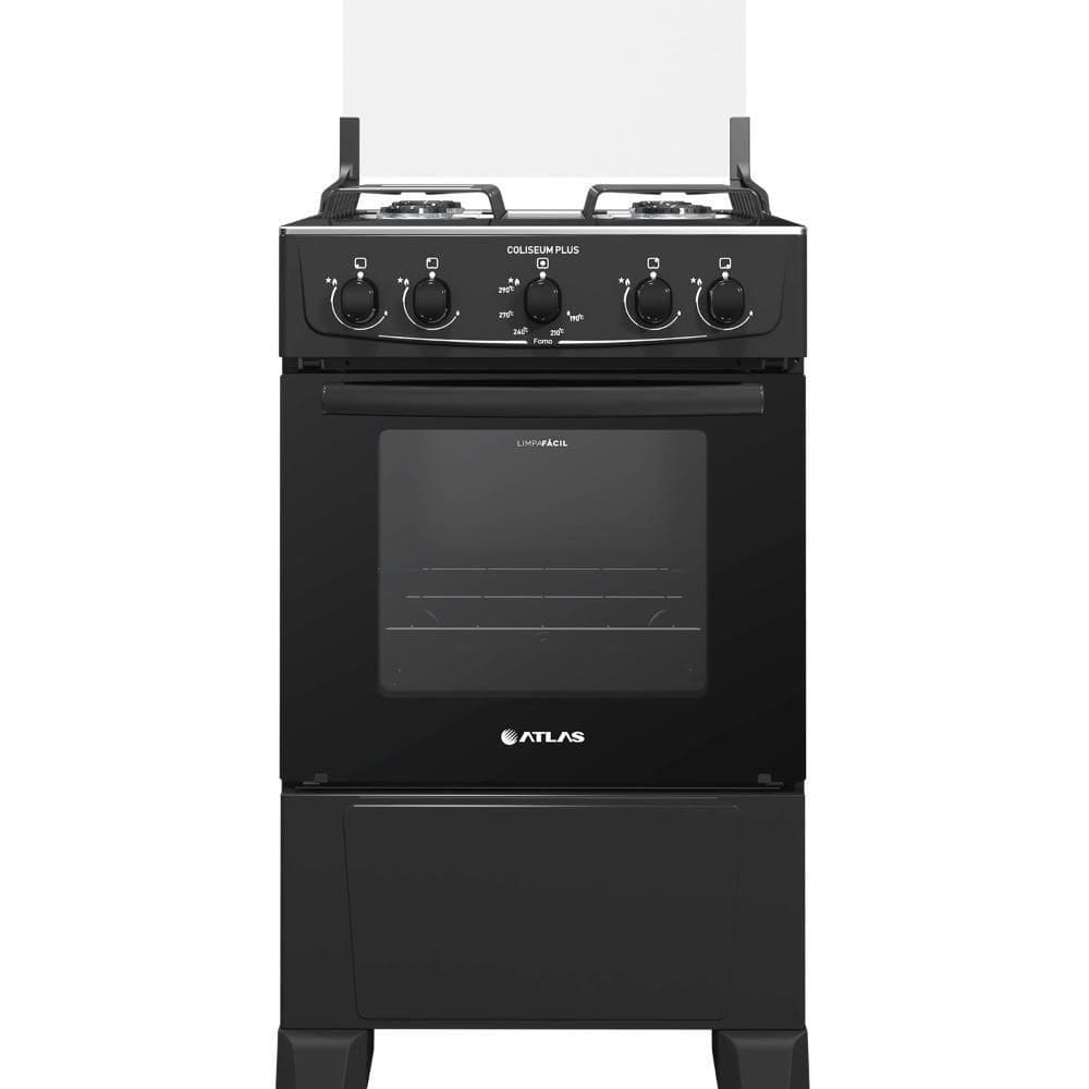 Fogão Atlas 4 Bocas Preto Com Forno Limpa Fácil Coliseum Plus Forno 50L