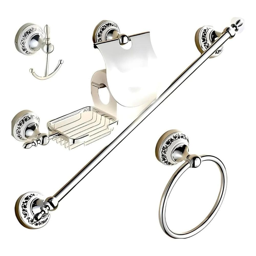 Kit Banheiro 5 Peças Prata Porcelana Acessórios Retrô Luxo