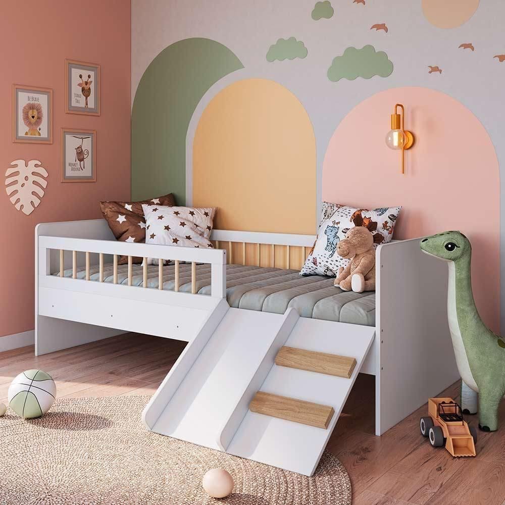 Cama Montessoriana Infantil Grade De Proteção E Escorregador Branco