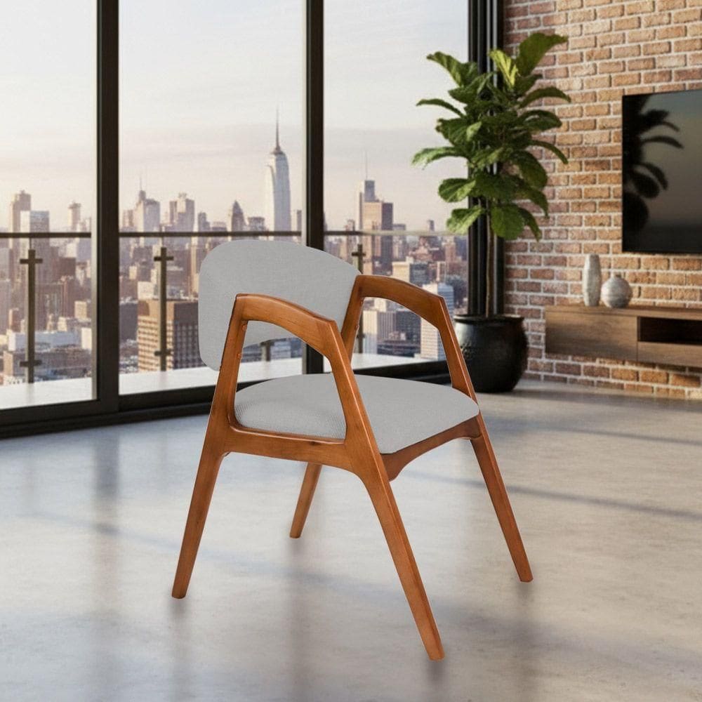 Cadeira De Jantar Estofada Gabriela Em Madeira E Mdf Cerejeira Linho Cinza Prata