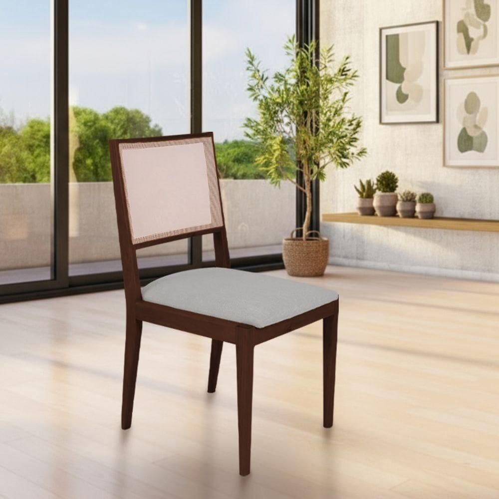 Cadeira De Jantar Estofada Suellen Em Madeira E Mdf Castanho Linho Cinza Prata