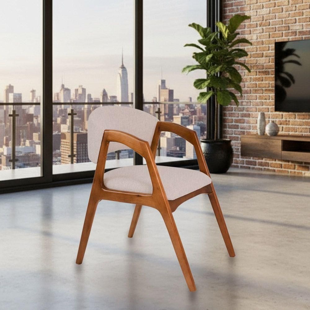 Cadeira De Jantar Estofada Gabriela Em Madeira E Mdf Cerejeira Linho Bege