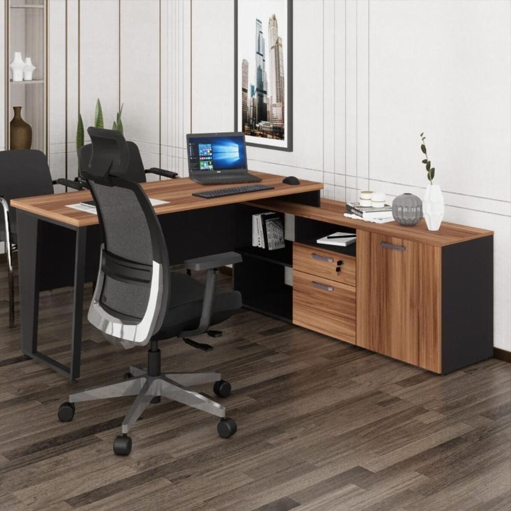 Escrivaninha Com Balcão Lateral 170cm 1 Porta 2 Gavetas Multimóveis Cr25307 Sevilha Preto