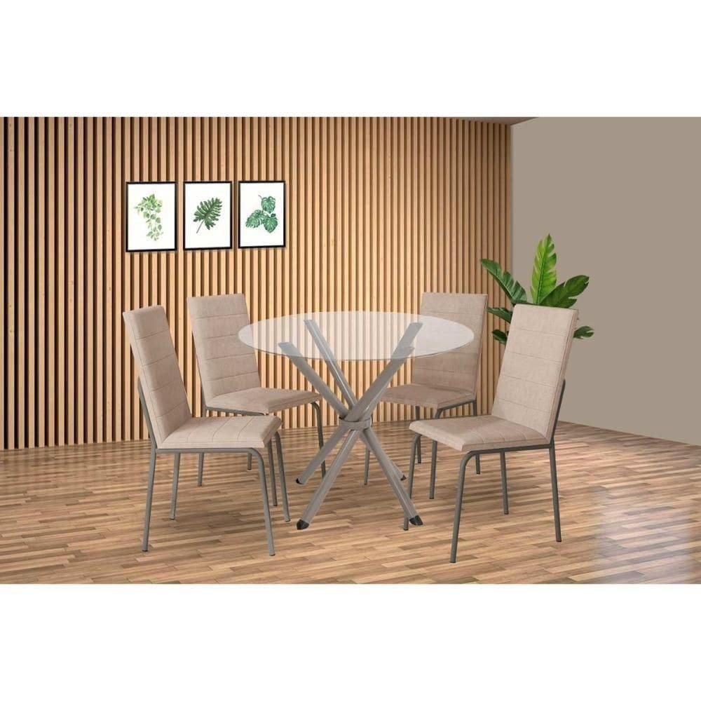 Conjunto: Mesa Sala Jantar Volga C- Tampo De Vidro 95cm E 4 Cadeiras Amsterdã Niquel - Courano Bege - Kappesberg