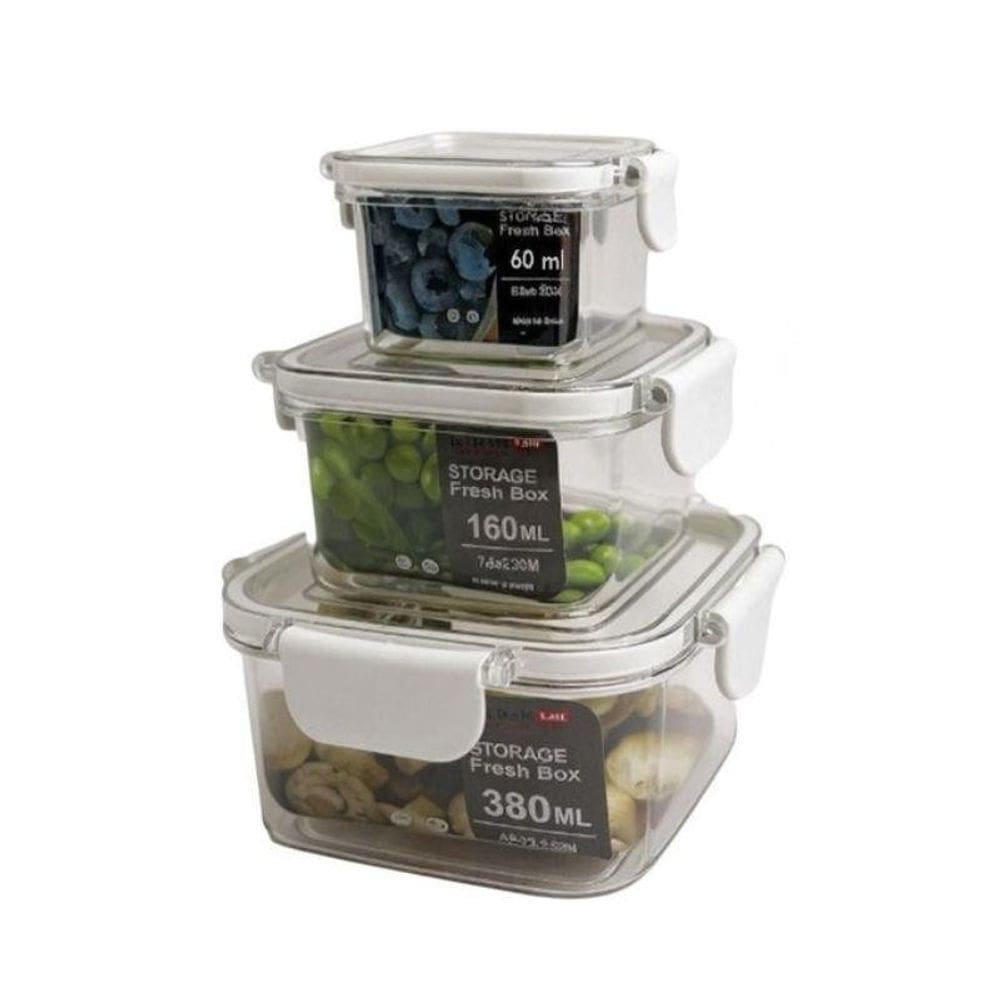 Conjunto Com 03 Potes Hermético Quadrado 60Ml/180Ml/380Ml