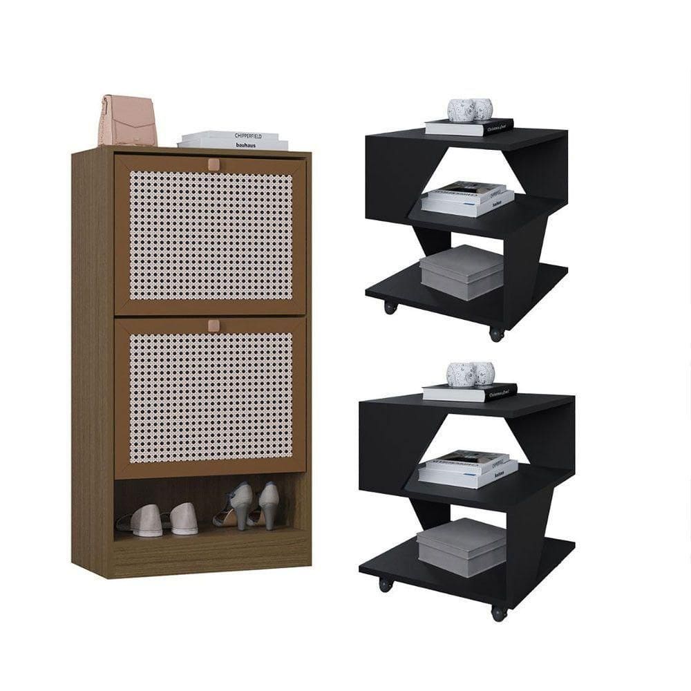 Kit Sapateira 2 Portas E 2 Mesas De Cabeceira/centro Poquema Preto/carvalho