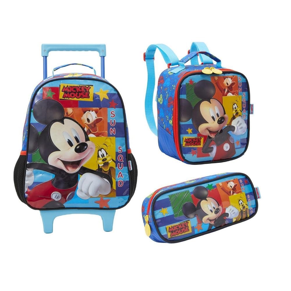 Kit Mochila Carrinho E Rodas Lancheira E Estojo Mickey Mouse