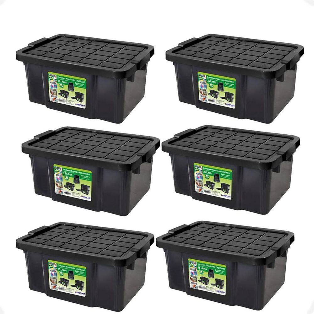 6 Caixa Organizadora Multiuso Preta 15L Empilhável Com Tampa