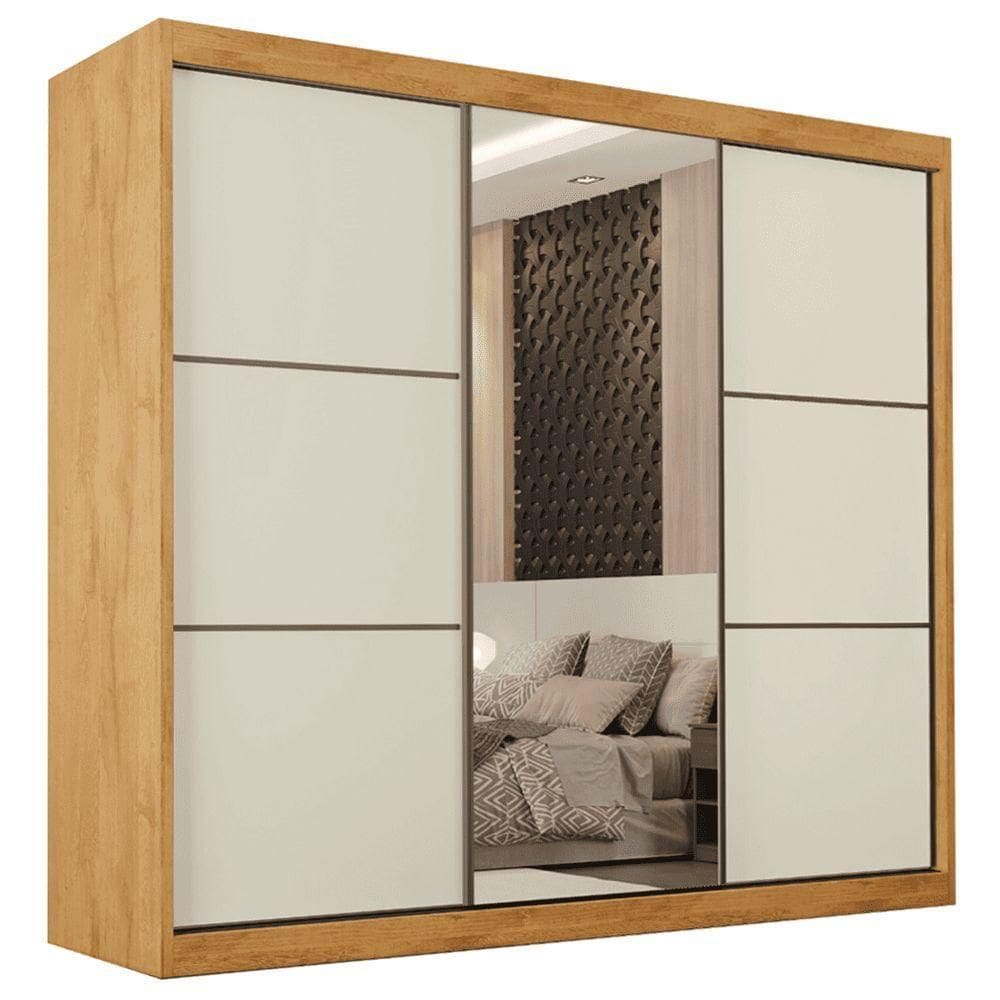 Guarda Roupas Casal 3 Portas De Correr Com Espelho 100% Mdf Flex 6 Gavetas Argel Madeirado/off White