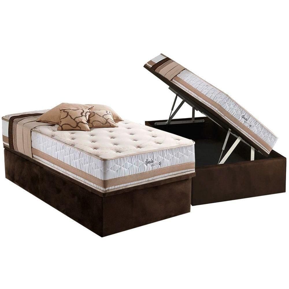 Cama Box Baú Solteiro: Colchão Molas Ensacadas Herval Maxspring Spain + Base Crc Suede Brown (88x188)