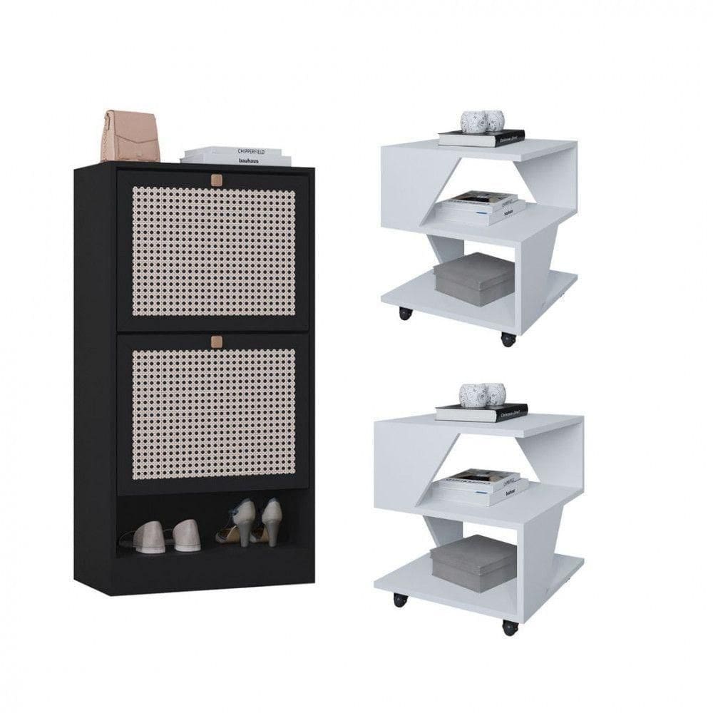 Kit Sapateira 2 Portas E 2 Mesas De Cabeceira/centro Poquema Branco/preto