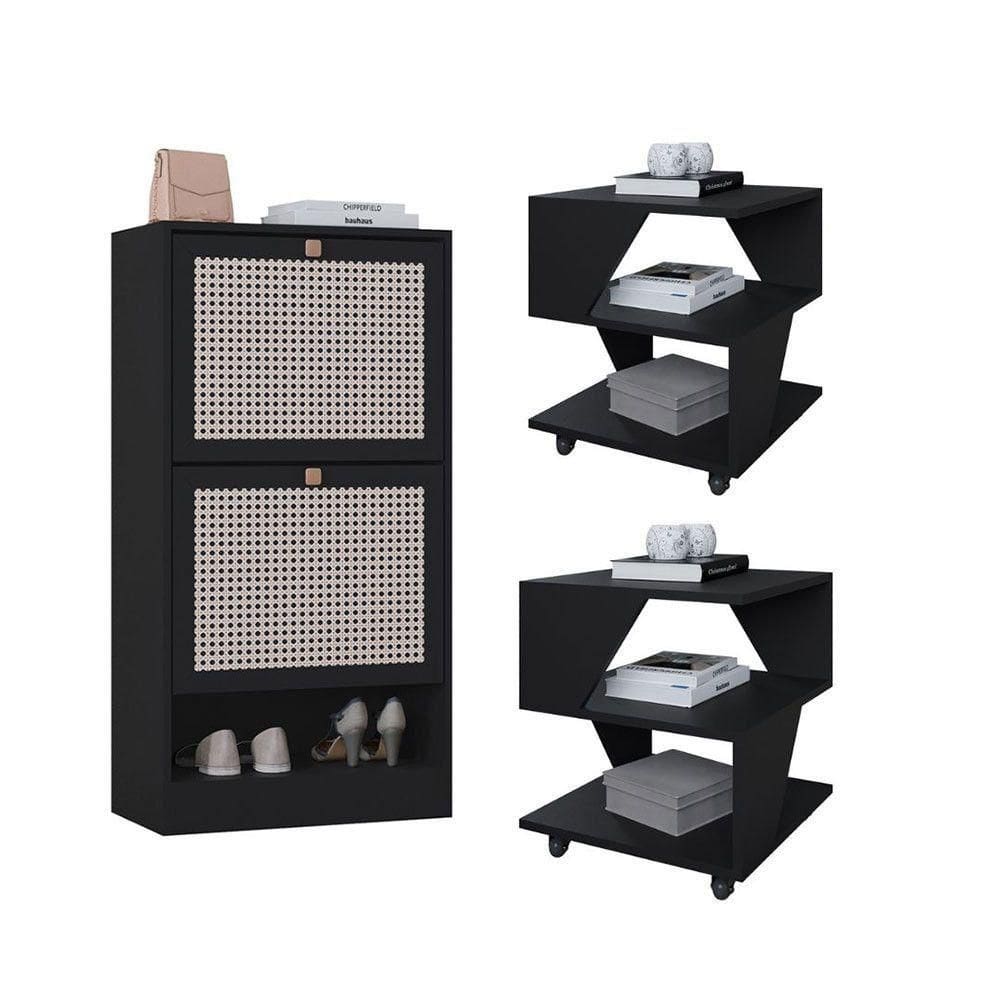 Kit Sapateira 2 Portas E 2 Mesas De Cabeceira/centro Poquema Preto