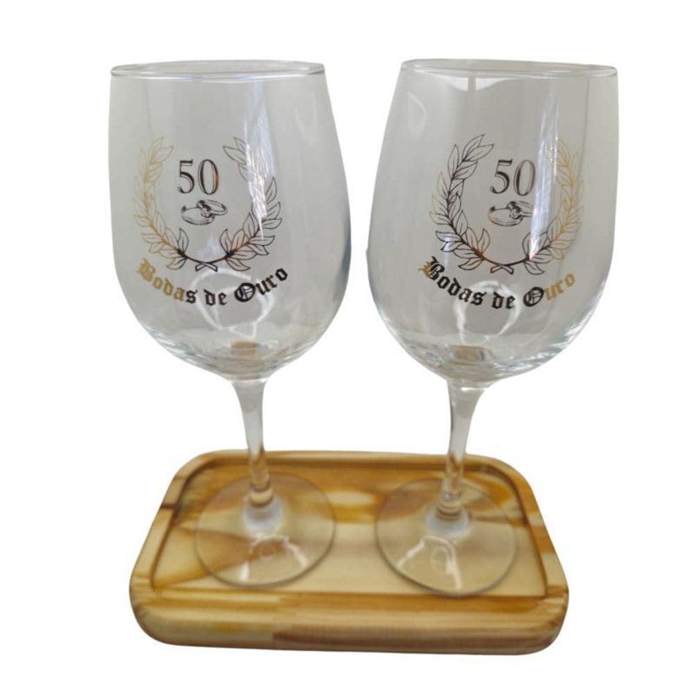 Kit 2 Taças Bandeja Bodas Ouro 50 Anos Personalizada Vinho