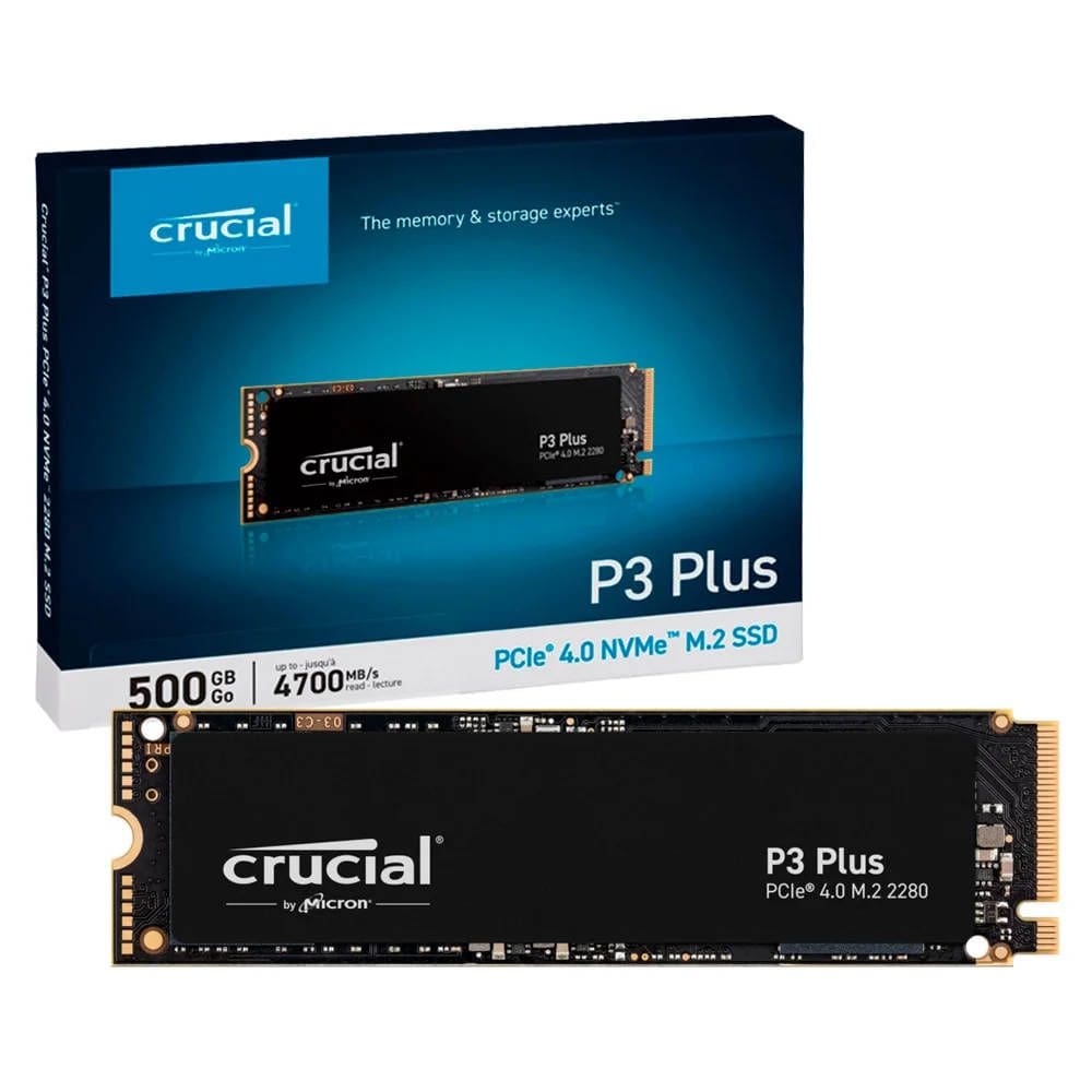 SSD Crucial P3 Plus 500GB NVMe, PCIe 4.0 x4, M.2 2280, Leitura 4700MB/s, Gravação 1900MB/s, 3D NAND TLC