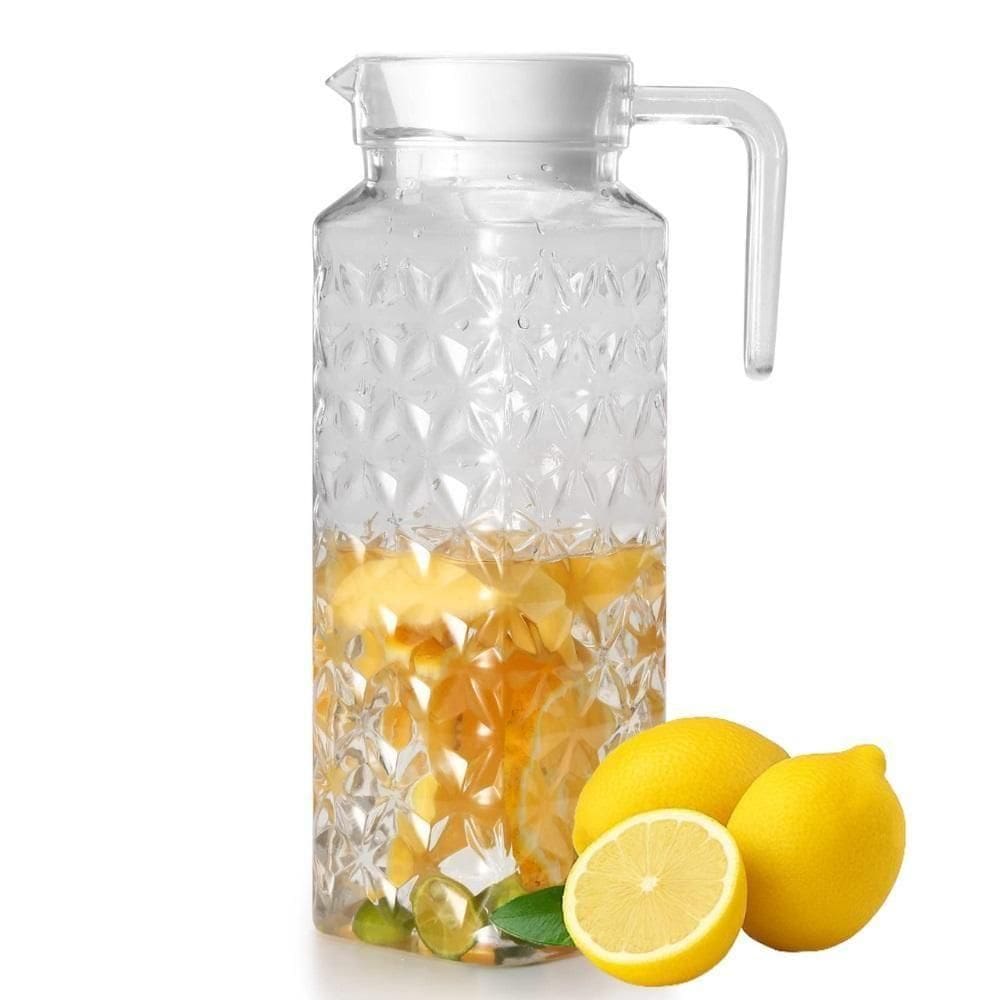 Jarra Vidro 1 Litro Diamond Tampa Suqueira Cristal Suco Água Bebidas Porta De Geladeira Alça Decorada Transparente