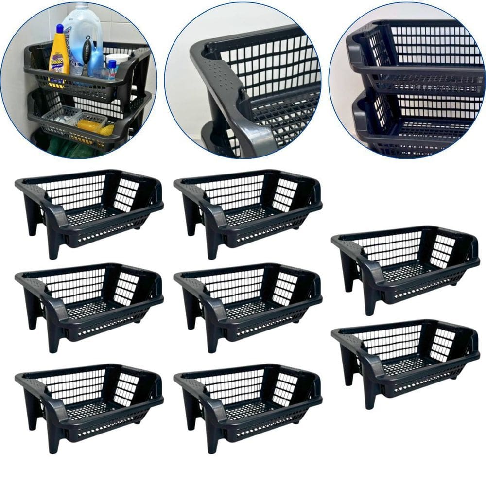 Kit 8 Cesto Plástico Expositor Empilhável Preto 16 Litros