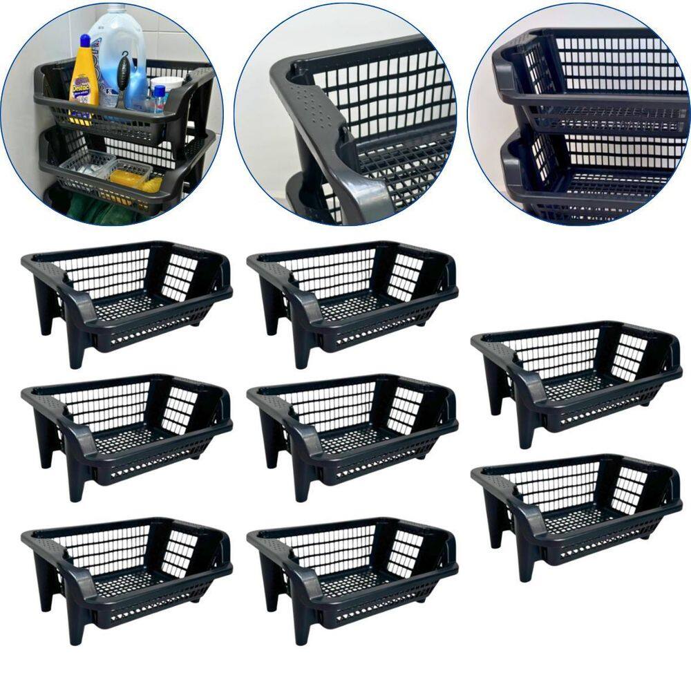 Kit 8 Cesto Plástico Expositor Empilhável Preto 16 Litros