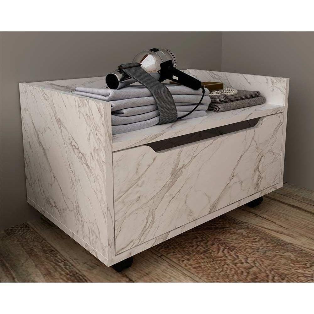 Bancada De Banheiro Suspenso C- Rodizio Bn3647 S- Cuba C- 1 Gaveta 60cm Mármore Branco - Tecno Mobili