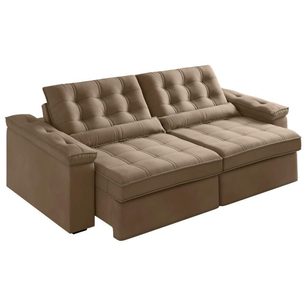 Sofá Retrátil E Reclinável 4 Lugares 2,52m Veludo Ilhéus Bege Castor