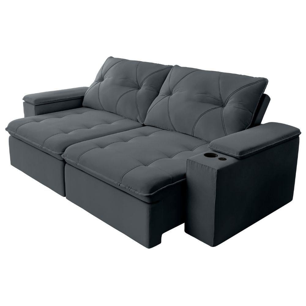 Sofá Retrátil E Reclinável 4 Lugares 2,52m C/ Porta Copos Entrada Usb Veludo San Diego Cinza