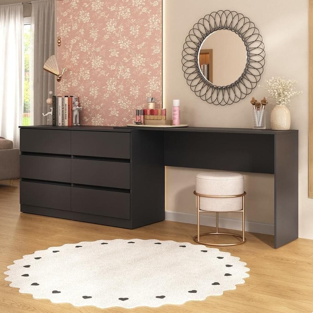 Penteadeira Infantil 231,5cm Com 6 Gavetas Multimóveis Mp4403 Preto