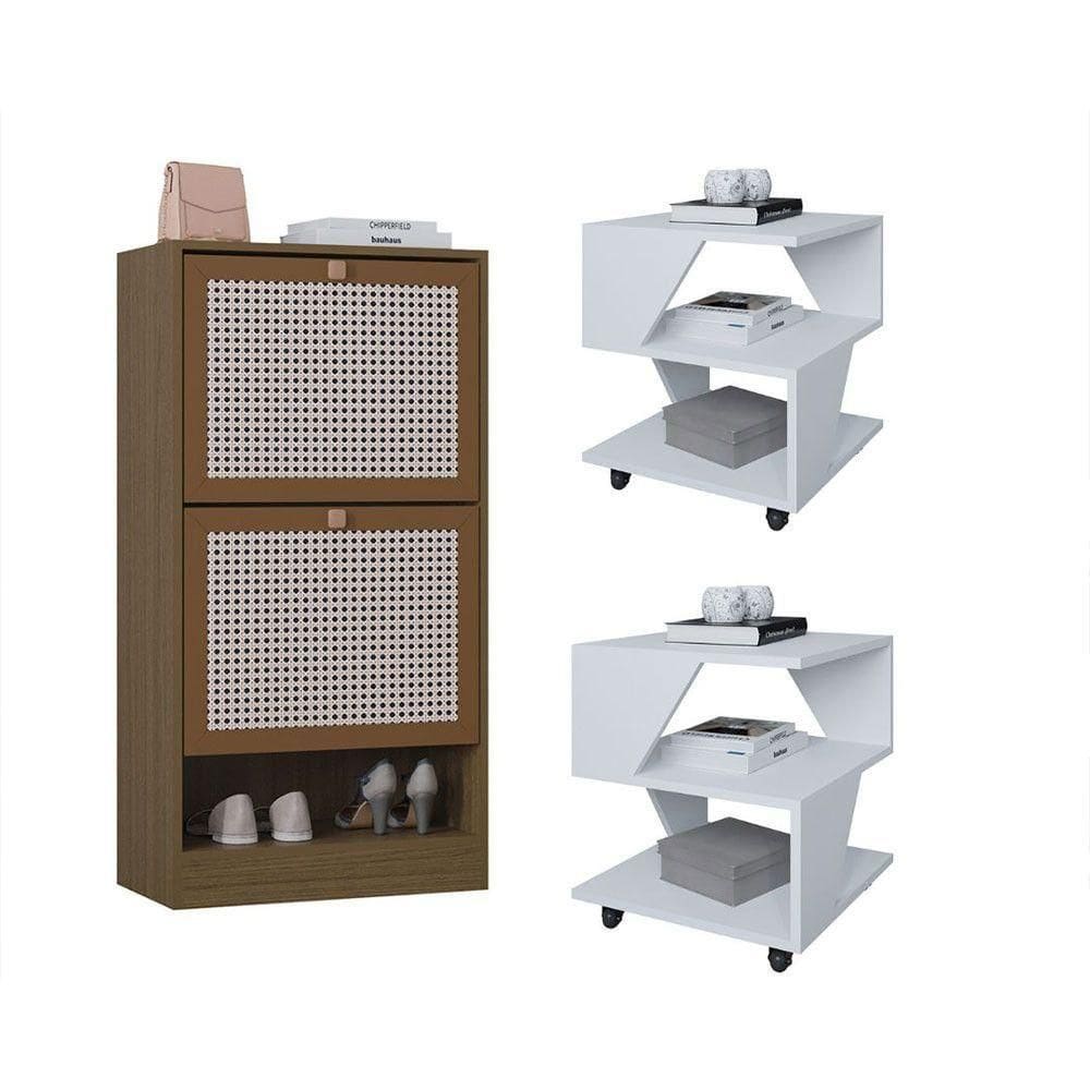 Kit Sapateira 2 Portas E 2 Mesas De Cabeceira/centro Poquema Branco/carvalho