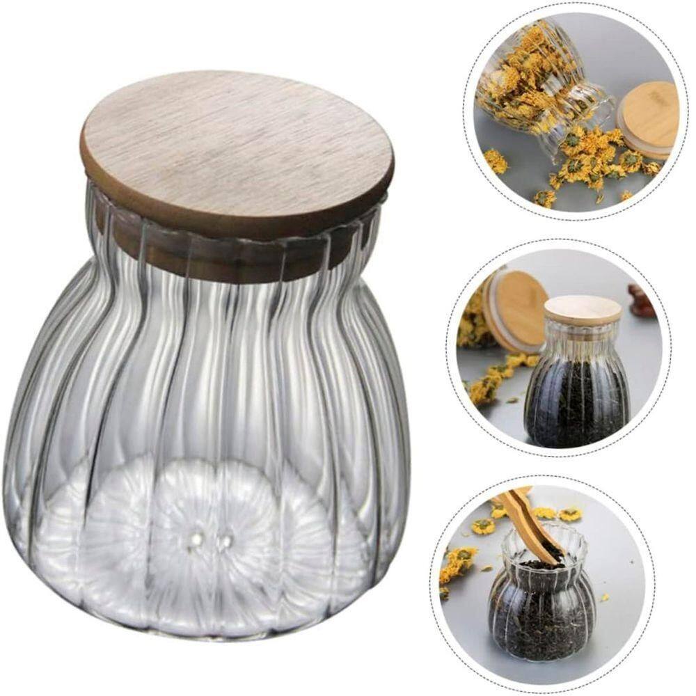 Pote Hermético Com Frisos Tampa Bambu Recipiente Vidro 700ml