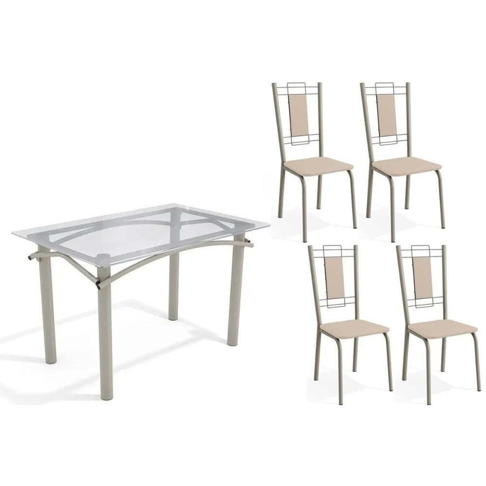 Conjunto: Mesa De Cozinha Elba C- Tampo De Vidro 120cm E 4 Cadeiras Florença Niquel - Courano Bege - Kappesberg