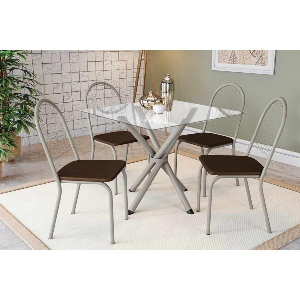 Conjunto: Mesa Sala Jantar Volga C- Tampo De Vidro 90cm E 4 Cadeiras Noruega Niquel - Courano Marrom - Kappesberg