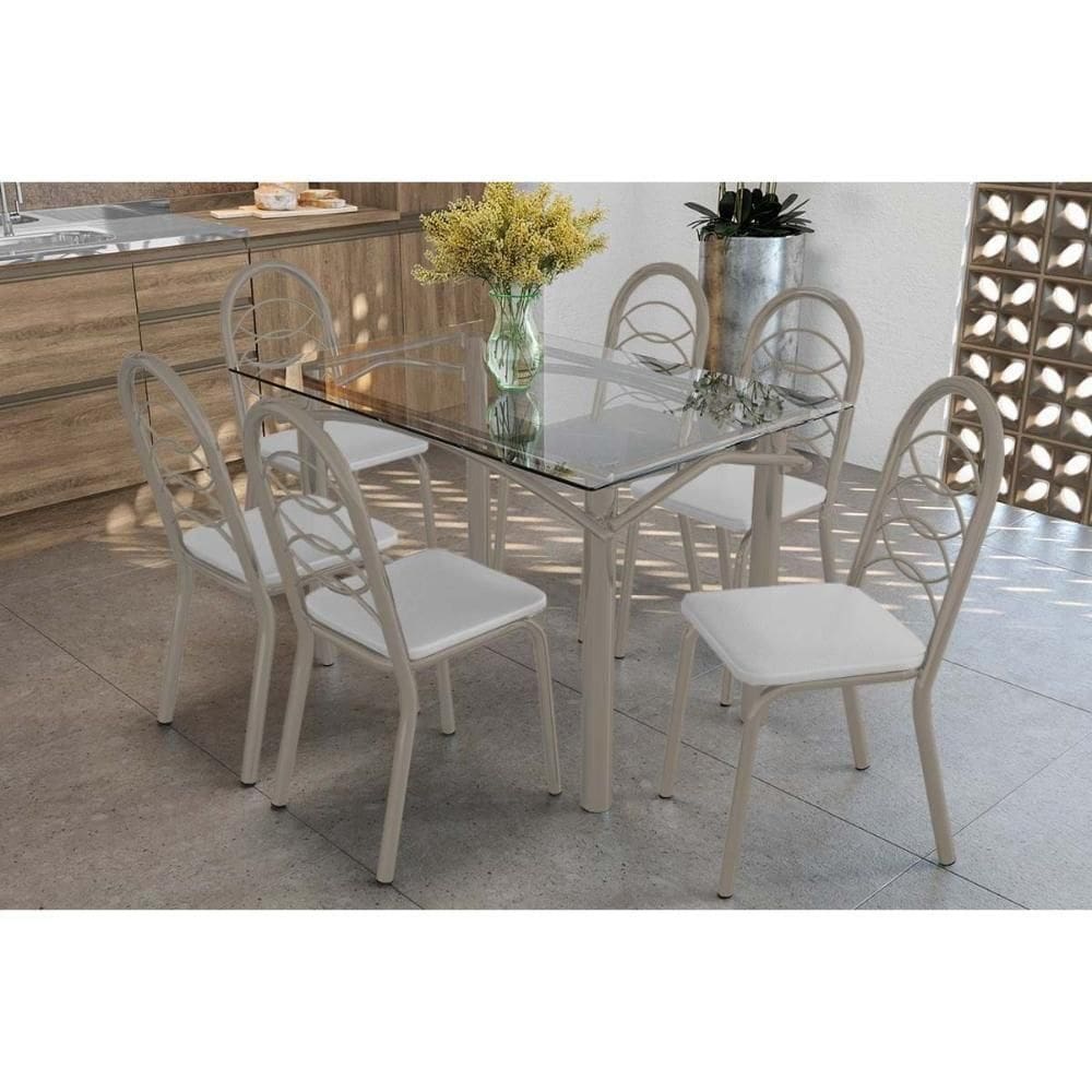 Conjunto: Mesa De Cozinha Elba C- Tampo De Vidro 120cm E 6 Cadeiras Holanda Niquel - Courano Branco - Kappesberg