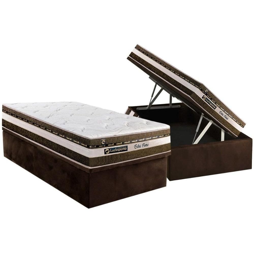 Cama Box Baú Solteiro: Colchão Molas Ensacadas Luckspuma Esplendor + Base Crc Suede Brown (88x188)