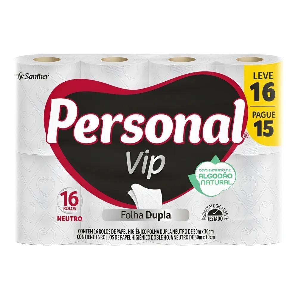 5X Personal Vip Papel Higiênico Folha Dupla - Kit - 16 - 1