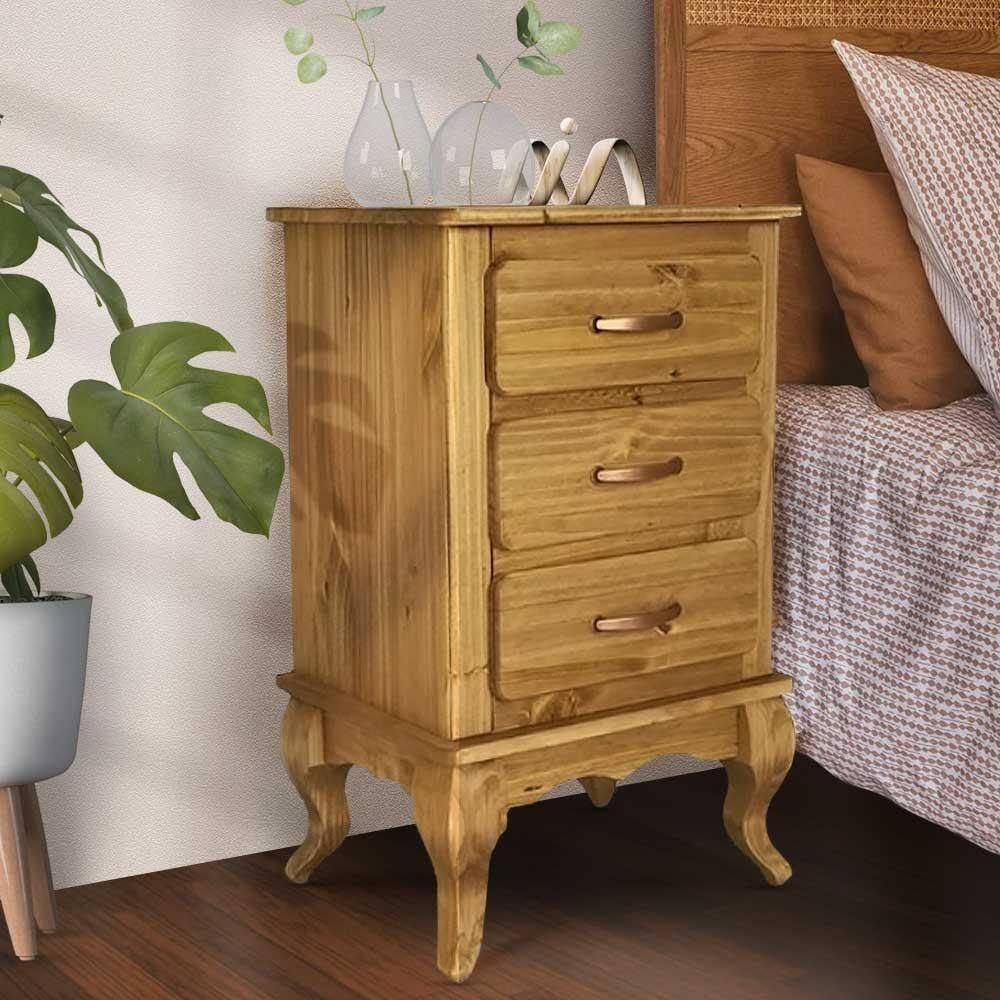 Mesa De Cabeceira Retro 3 Gavetas Rústica Pés Luís Xv Mel