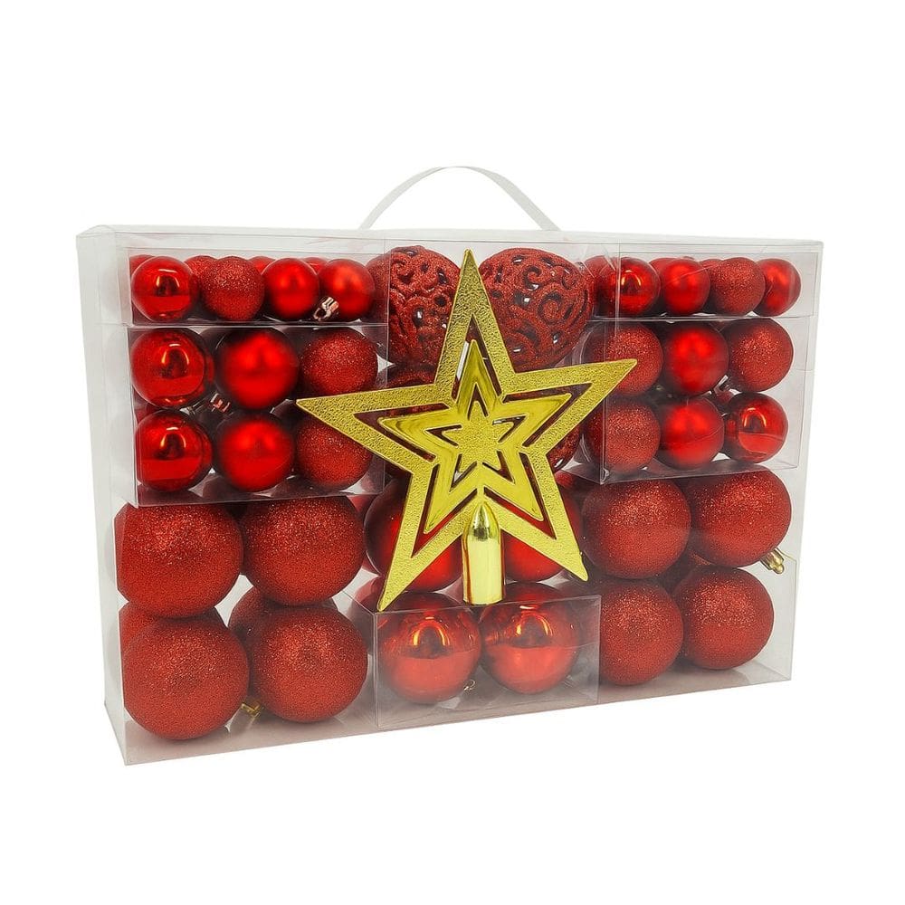 Maleta 100 Bolas de Natal Vermelho Mistas Luxo e Ponteira Diversos Tamanhos Glitter, Fosca, Brilho e Arabesco