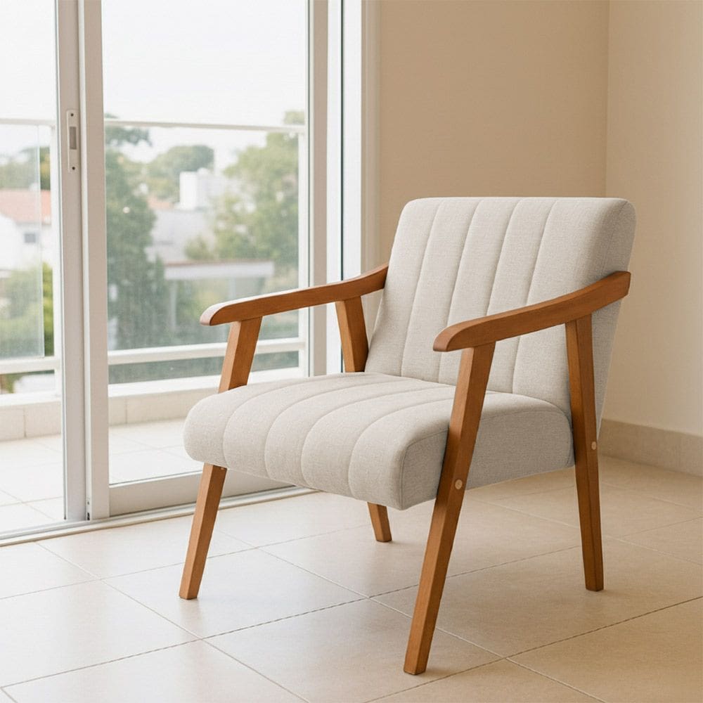 Poltrona Decorativa com Braço em Madeira Maciça Livia Linho Bege