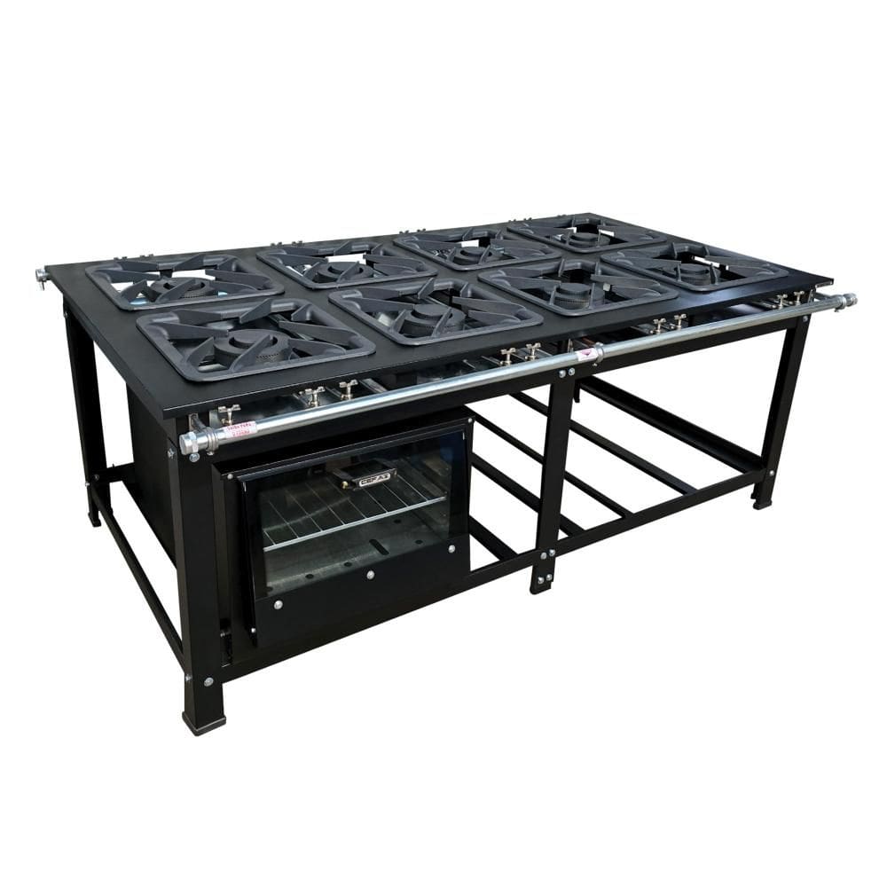 Fogão Industrial de Centro 8 Bocas Duplas Cefaz Linha Gold Baixa Pressão Aço Carbono com Forno 100 Litros Tampa de Vidro C-CFZG-159+FRG-22
