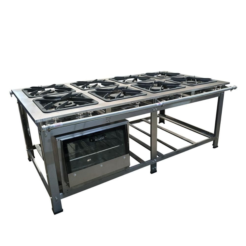 Fogão Industrial de Centro 8 Bocas 4 Duplas Cefaz Linha Gold Baixa Pressão Inox com Forno 100 Litros Tampa de Vidro C-I430-CFZG-167+I430-FRG-22