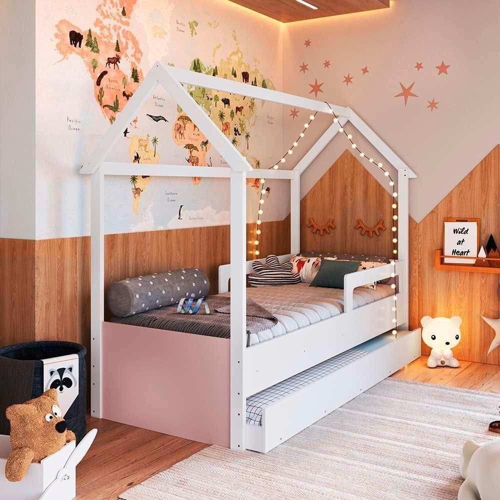 Cama De Chão Infantil Montessoriana Casinha Auxiliar Branco Rosa
