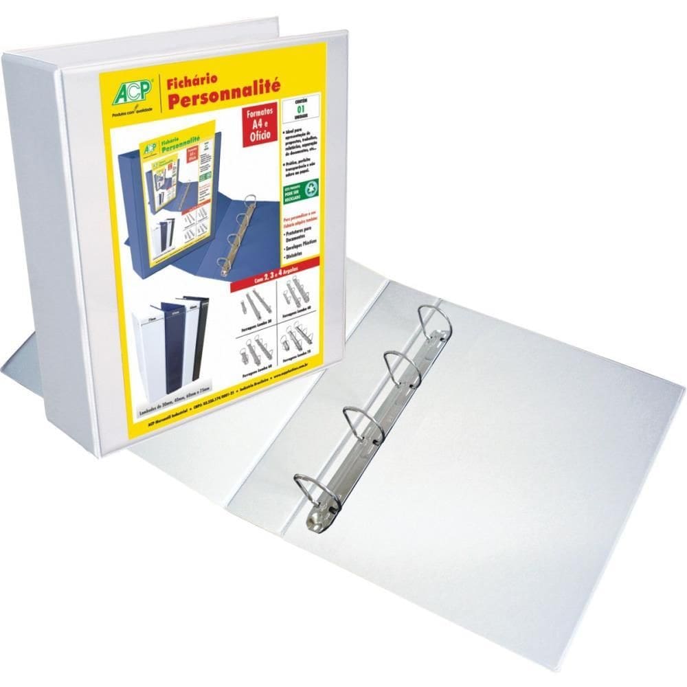 Fichário De Pvc Personalite A4 75mm 4 Argolas Branco - Acp