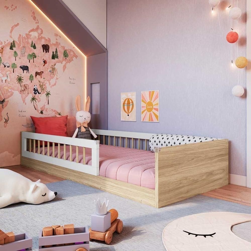Cama Montessoriana Solteiro Com Grade De Proteção Aveiro Oak Branco Repleta Aveiro Oak Branco