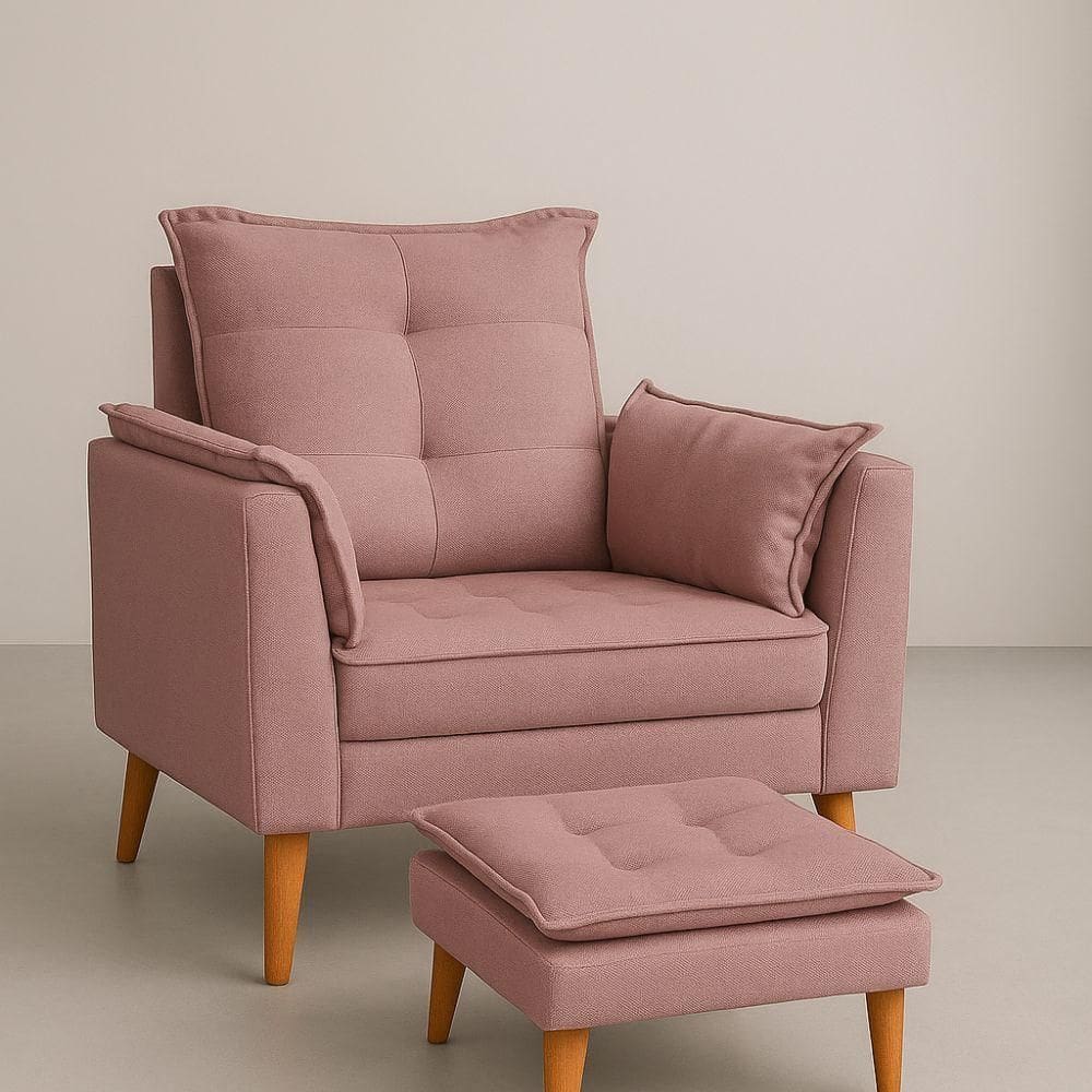 Poltrona Amamentação Conforto Com Mini Puff Veludo Premium Rosa